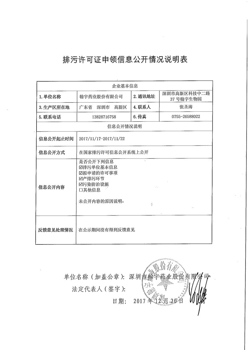 翰宇药业排污许可证申领信息公开情况说明表