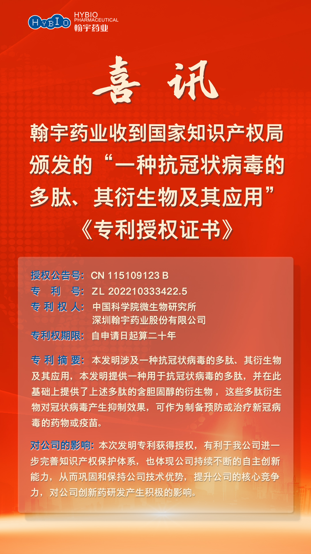 翰宇药业“一种抗冠状病毒的多肽、其衍生物及其应用”《专利授权证书》2(2)